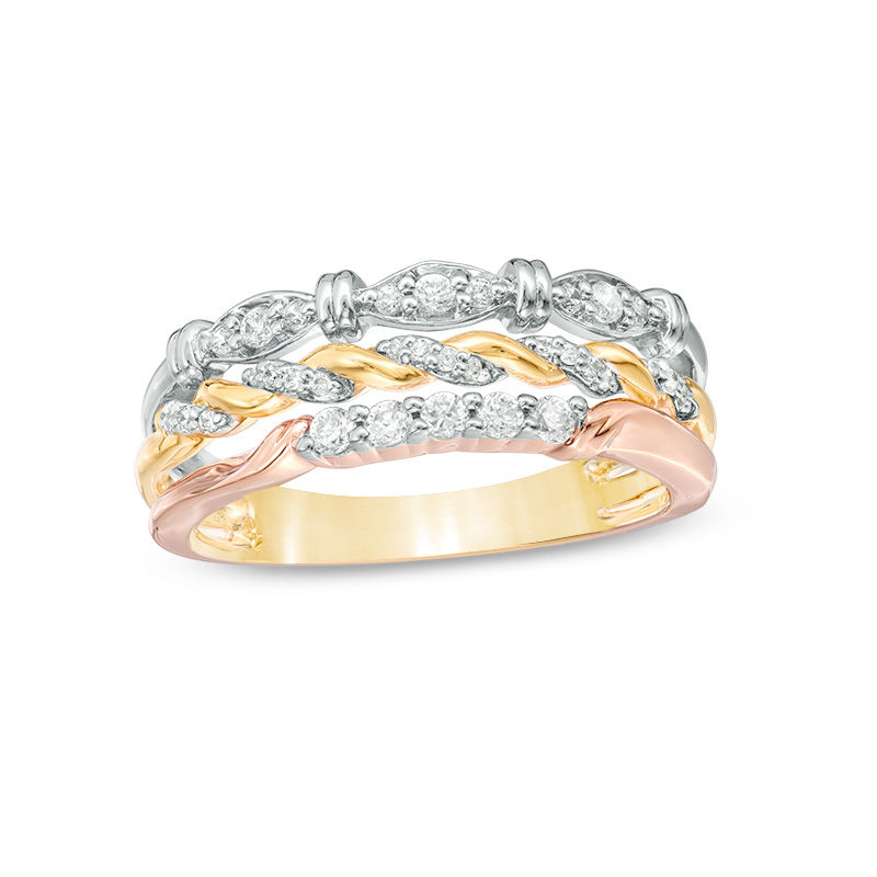 0.25 CT. T.W. Diamond Three Piece Stackable Band Set in 10K Tri-Tone Gold|Peoples Jewellers