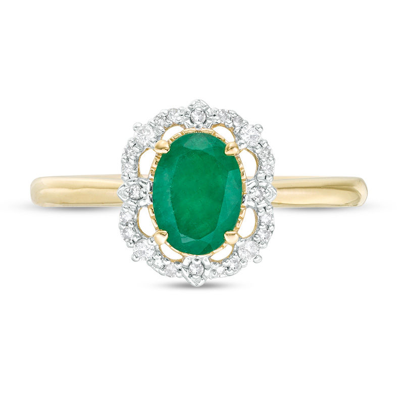 Oval Emerald and 0.085 CT. T.W. Diamond Frame Vintage-Style Ring in 10K Gold