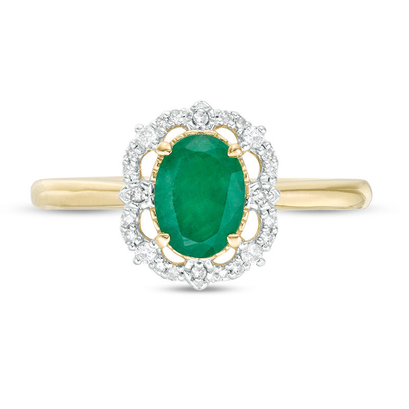Main Image 4 of Oval Emerald and 0.085 CT. T.W. Diamond Frame Vintage-Style Ring in 10K Gold