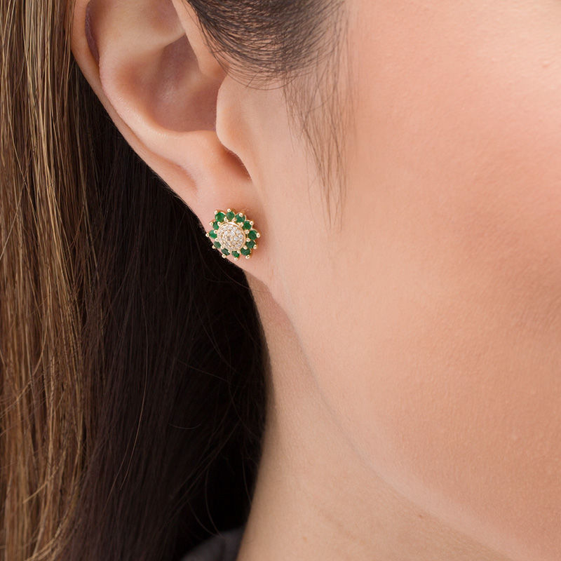 Emerald and 0.085 CT. T.W. Composite Diamond Flower Stud Earrings in 10K Gold