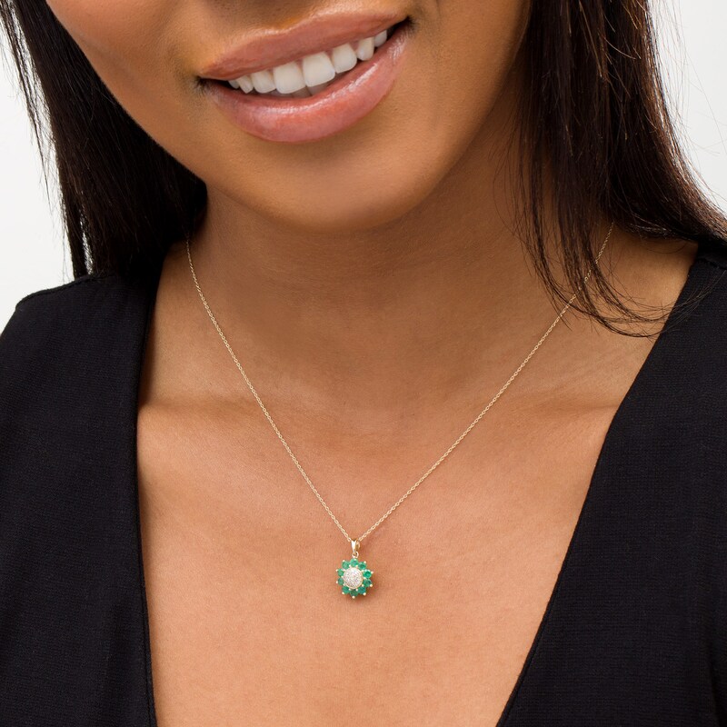 Main Image 2 of Emerald and 0.085 CT. T.W. Composite Diamond Flower Pendant in 10K Gold