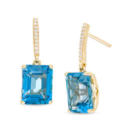 Emerald-Cut London Blue Topaz and 0.04 CT. T.W. Diamond Drop Earrings in 10K Gold