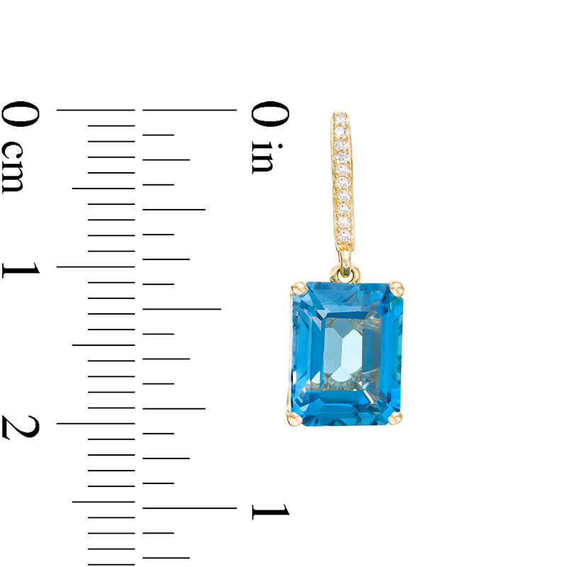 Main Image 3 of Emerald-Cut London Blue Topaz and 0.04 CT. T.W. Diamond Drop Earrings in 10K Gold