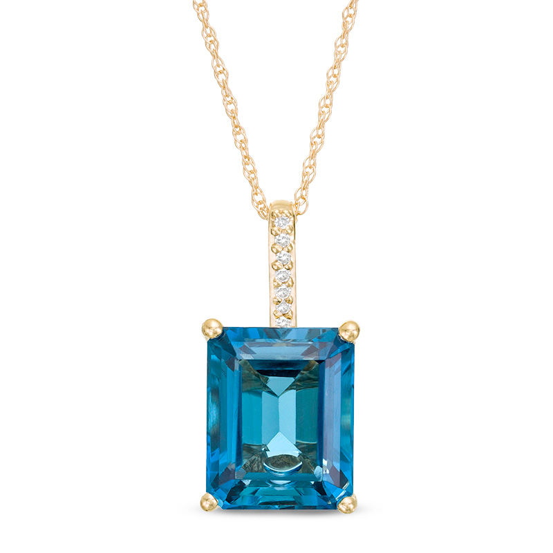 Emerald-Cut London Blue Topaz and Diamond Accent Drop Pendant in 10K Gold