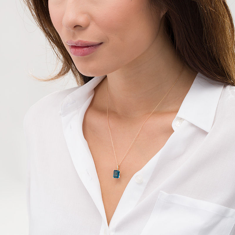 Emerald-Cut London Blue Topaz and Diamond Accent Drop Pendant in 10K Gold|Peoples Jewellers