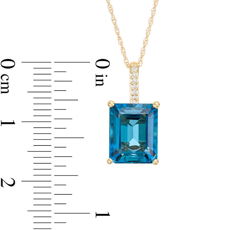Main Image 3 of Emerald-Cut London Blue Topaz and Diamond Accent Drop Pendant in 10K Gold