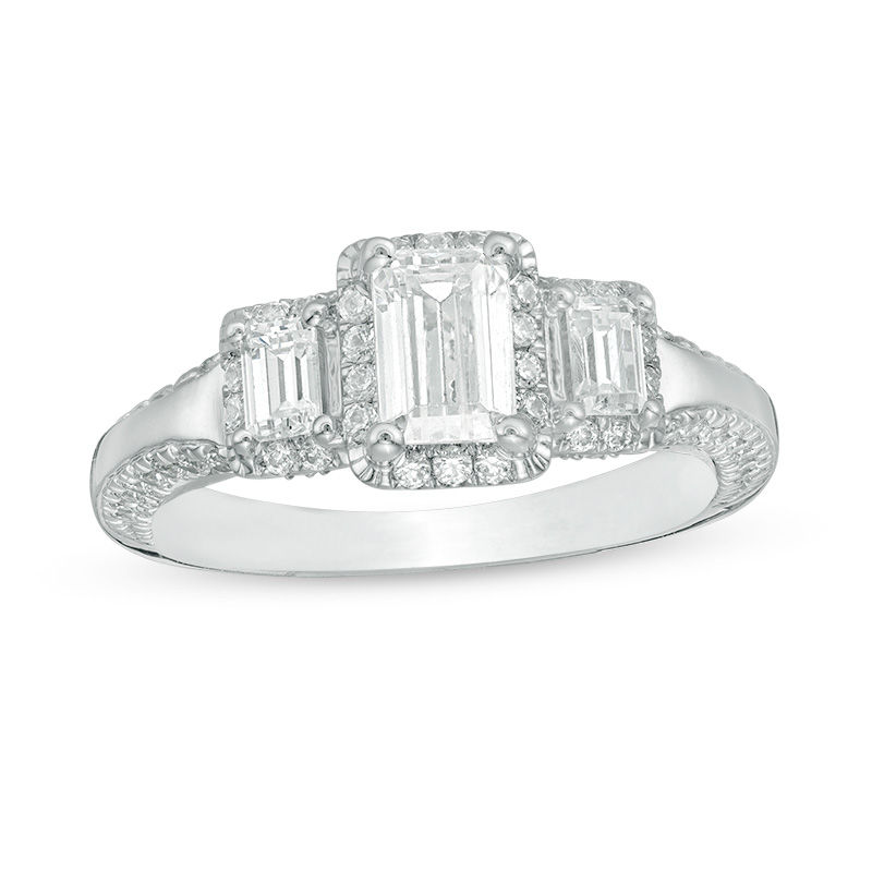 Main Image 1 of 1.63 CT. T.W. Certified Emerald-Cut Diamond Past Present Future® Frame Engagement Ring in 14K White Gold (I/SI2)