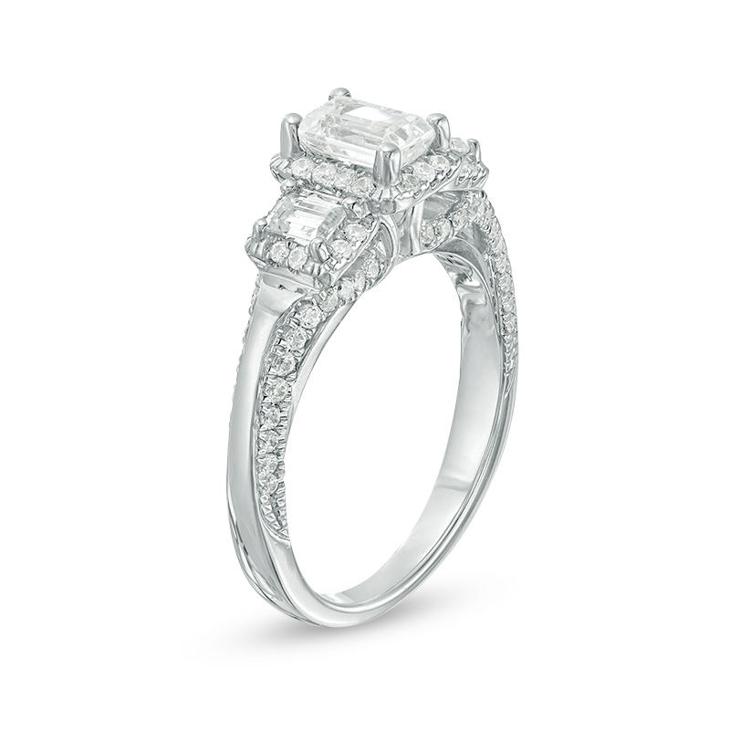 Main Image 2 of 1.63 CT. T.W. Certified Emerald-Cut Diamond Past Present Future® Frame Engagement Ring in 14K White Gold (I/SI2)