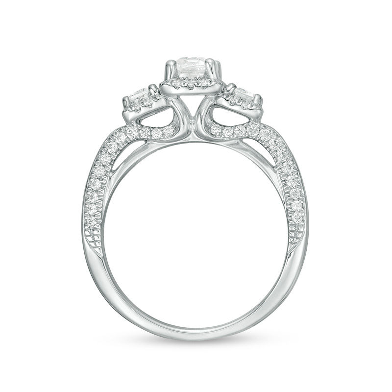 Main Image 6 of 1.63 CT. T.W. Certified Emerald-Cut Diamond Past Present Future® Frame Engagement Ring in 14K White Gold (I/SI2)