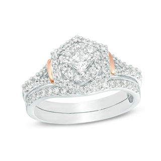 Perfect Fit 0.75 CT. T.W. Princess-Cut Diamond Hexagon Frame Interlocking Bridal Set in 14K Two-Tone Gold