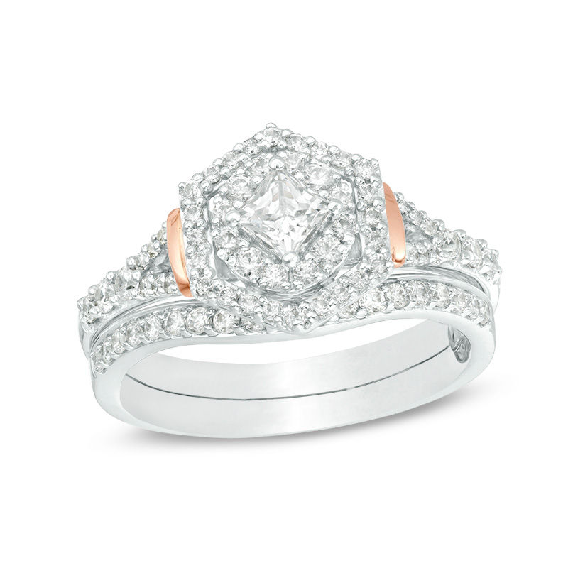 Perfect Fit 0.75 CT. T.W. Princess-Cut Diamond Hexagon Frame Interlocking Bridal Set in 14K Two-Tone Gold