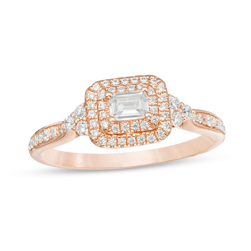 Main Image 1 of 0.45 CT. T.W. Emerald-Cut Diamond Frame Tri-Sides Engagement Ring in 14K Rose Gold