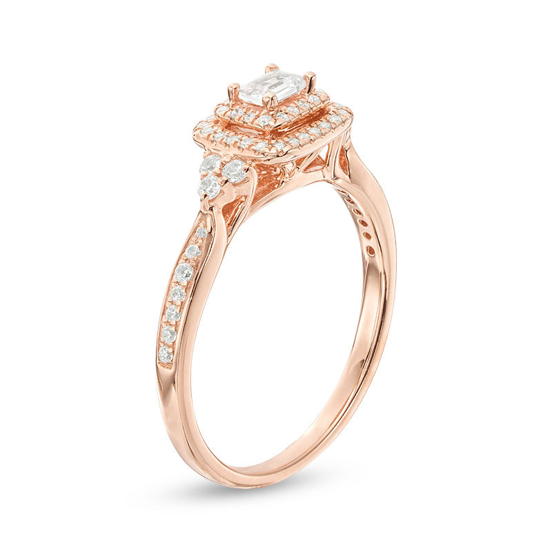 0.45 CT. T.W. Emerald-Cut Diamond Frame Tri-Sides Engagement Ring in 14K Rose Gold