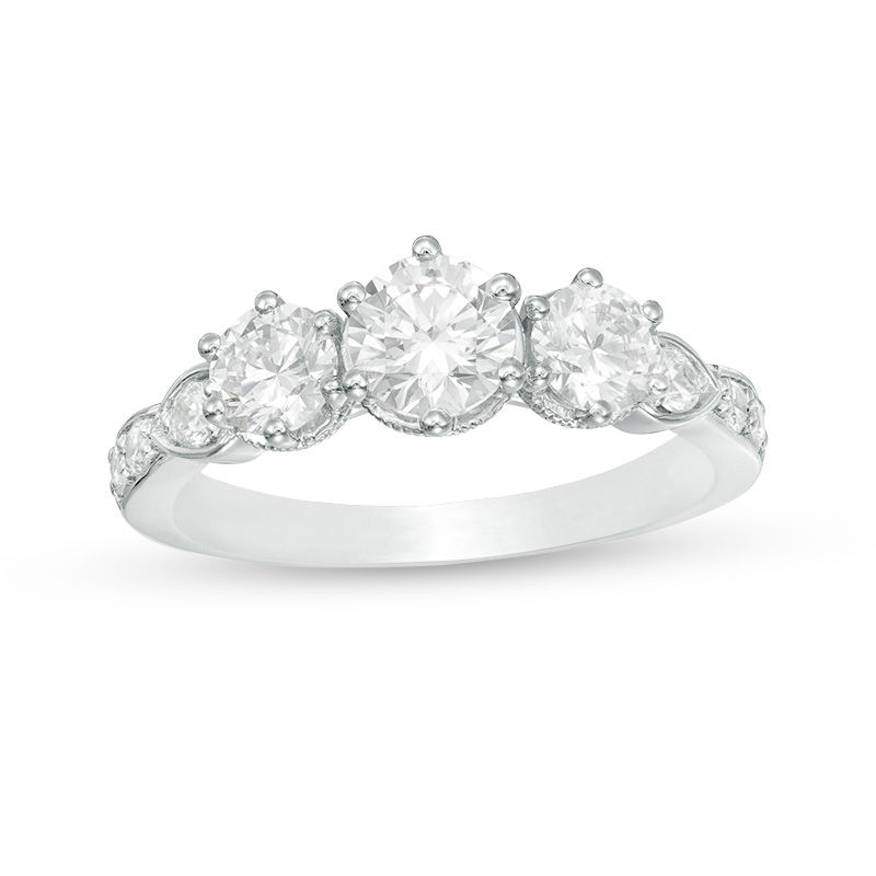 Celebration Canadian Ideal 1.10 CT. T.W. Diamond Three Stone Vintage-Style Engagement Ring in 14K White Gold (I/I1)