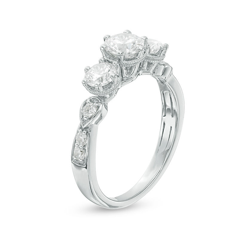 Celebration Canadian Ideal 1.10 CT. T.W. Diamond Three Stone Vintage-Style Engagement Ring in 14K White Gold (I/I1)
