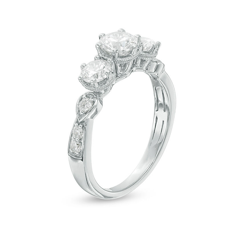 Main Image 2 of Celebration Canadian Ideal 1.10 CT. T.W. Certified Diamond Three Stone Vintage-Style Engagement Ring in 14K White Gold (I/I1)