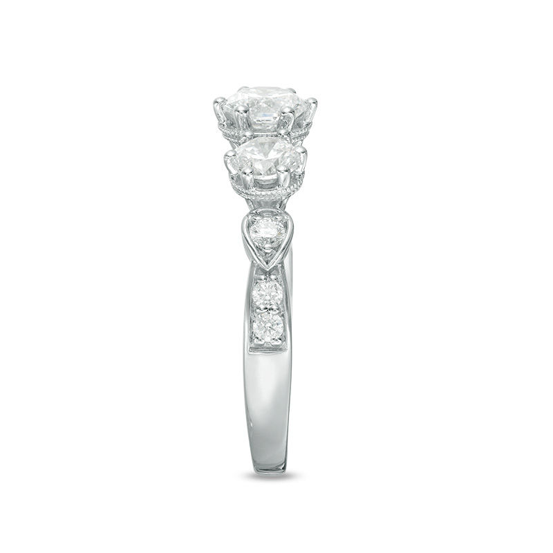 Main Image 4 of Celebration Canadian Ideal 1.10 CT. T.W. Certified Diamond Three Stone Vintage-Style Engagement Ring in 14K White Gold (I/I1)