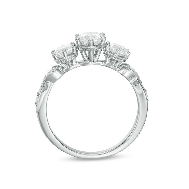 Main Image 5 of Celebration Canadian Ideal 1.10 CT. T.W. Certified Diamond Three Stone Vintage-Style Engagement Ring in 14K White Gold (I/I1)