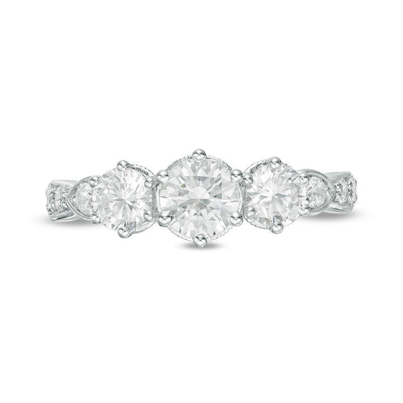 Main Image 6 of Celebration Canadian Ideal 1.10 CT. T.W. Certified Diamond Three Stone Vintage-Style Engagement Ring in 14K White Gold (I/I1)