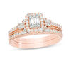 Thumbnail Image 0 of Perfect Fit 0.50 CT. T.W. Baguette and Round Diamond Frame Interlocking Bridal Set in 14K Rose Gold