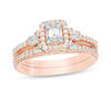 Thumbnail Image 1 of Perfect Fit 0.50 CT. T.W. Baguette and Round Diamond Frame Interlocking Bridal Set in 14K Rose Gold