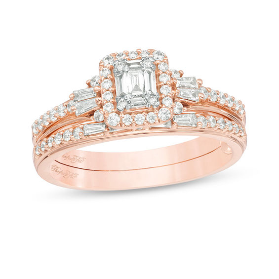 Peoples Perfect Fit 0.50 CT. T.W. Baguette and Round Diamond Frame Interlocking Bridal Set in 14K Rose Gold St. Vital Centre