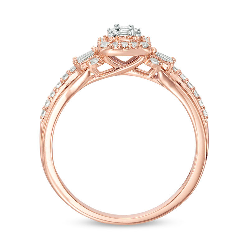 Perfect Fit 0.50 CT. T.W. Baguette and Round Diamond Frame Interlocking Bridal Set in 14K Rose Gold