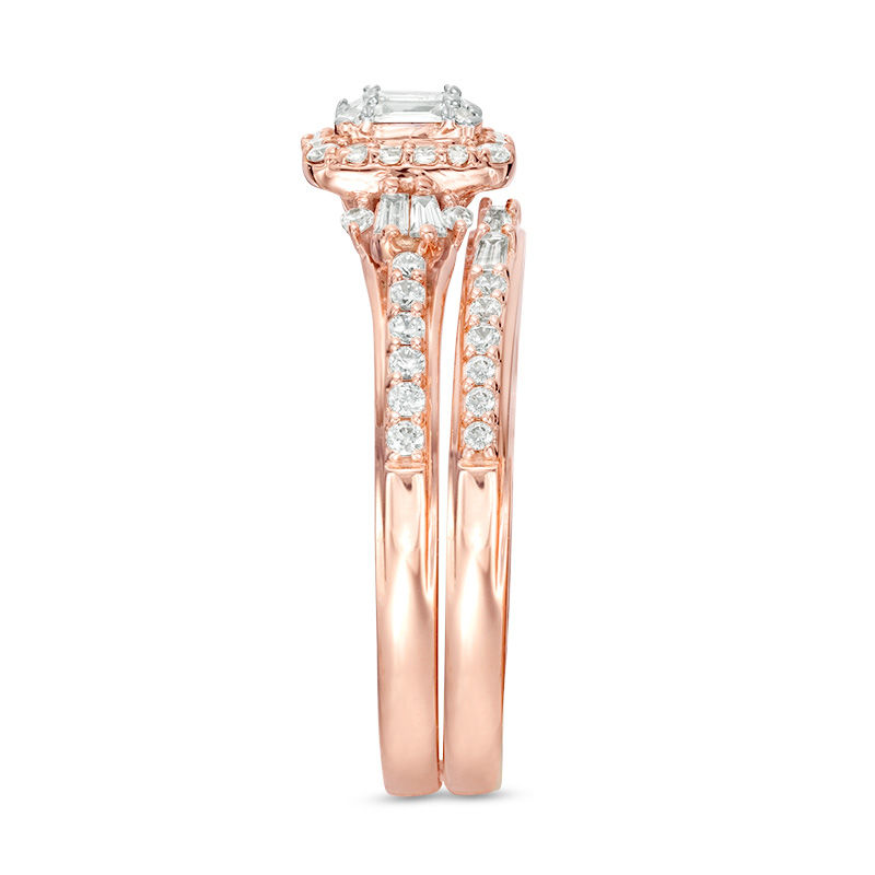 Main Image 5 of Perfect Fit 0.50 CT. T.W. Baguette and Round Diamond Frame Interlocking Bridal Set in 14K Rose Gold