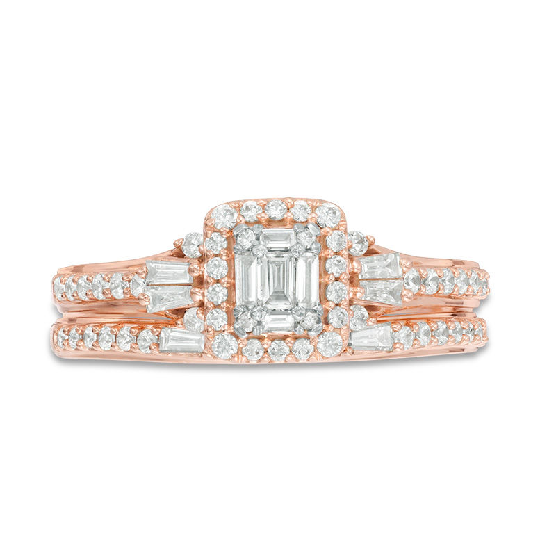 Main Image 6 of Perfect Fit 0.50 CT. T.W. Baguette and Round Diamond Frame Interlocking Bridal Set in 14K Rose Gold