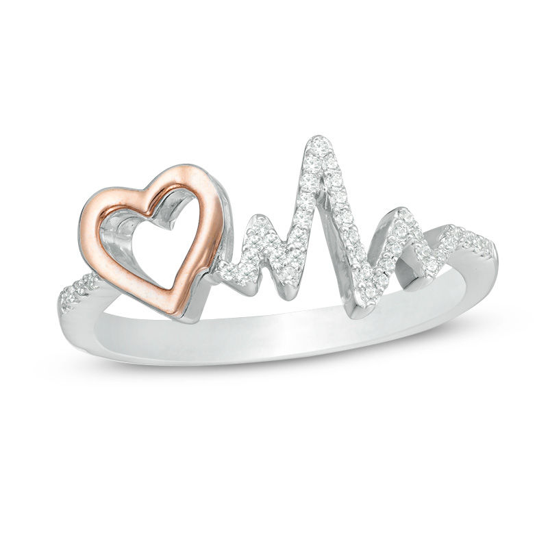 0.118 CT. T.W. Diamond Heartbeat and Heart Ring in Sterling Silver and 10K Rose Gold