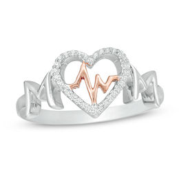 0.115 CT. T.W. Diamond &quot;MOM&quot; Heartbeat in Heart Ring in Sterling Silver with 10K Rose Gold Plate