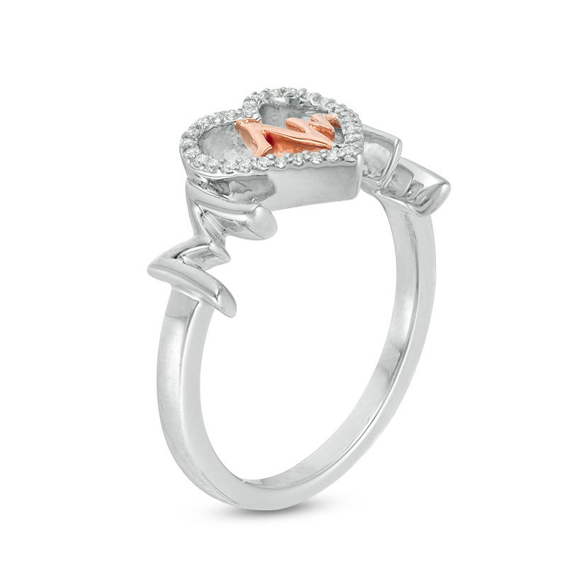 Main Image 2 of 0.115 CT. T.W. Diamond "MOM" Heartbeat in Heart Ring in Sterling Silver with 10K Rose Gold Plate