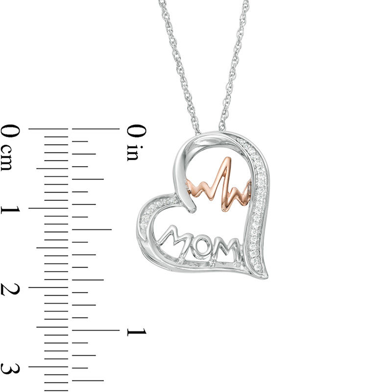 0.066 CT. T.W. Diamond "MOM" and Heartbeat in Tilted Heart Pendant in Sterling Silver and 10K Rose Gold