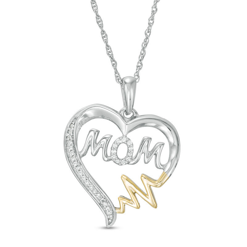0.066 CT. T.W. Diamond "MOM" Heartbeat on Heart Pendant in Sterling Silver and 10K Gold