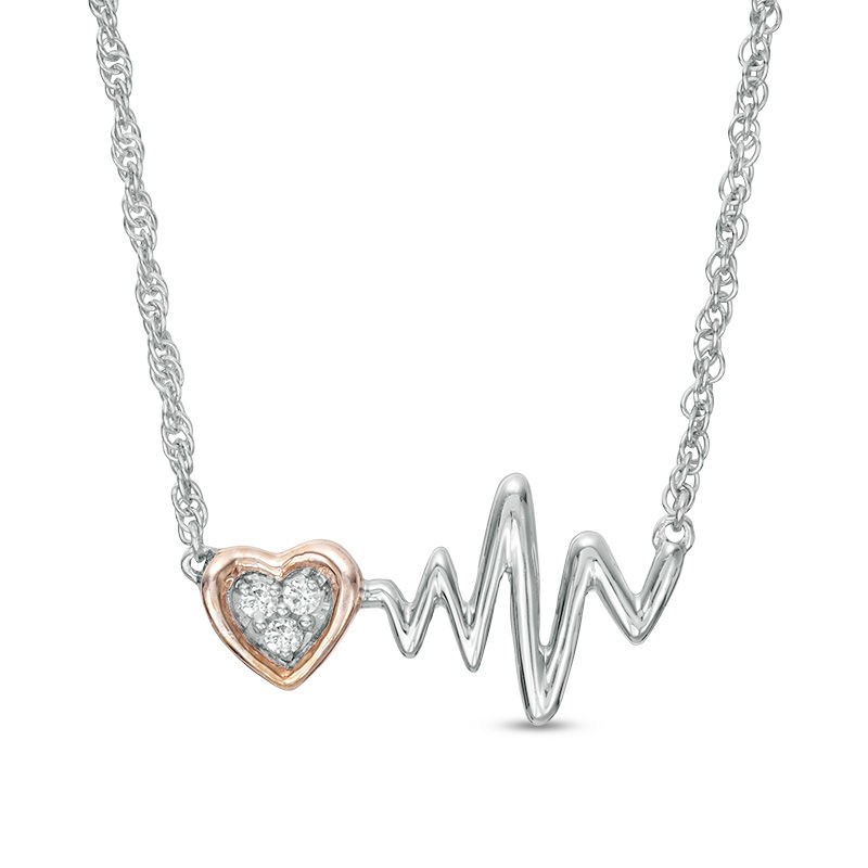 0.04 CT. T.W. Diamond Heartbeat and Heart Necklace in Sterling Silver and 10K Rose Gold - 17.15"|Peoples Jewellers