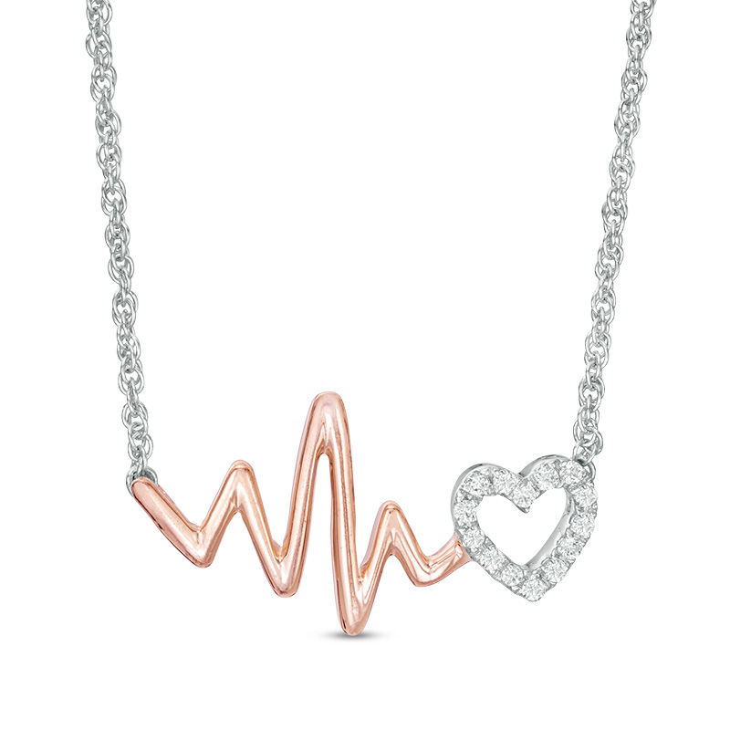 0.085 CT. T.W. Diamond Heartbeat and Heart Necklace in Sterling Silver and 10K Rose Gold - 17"|Peoples Jewellers