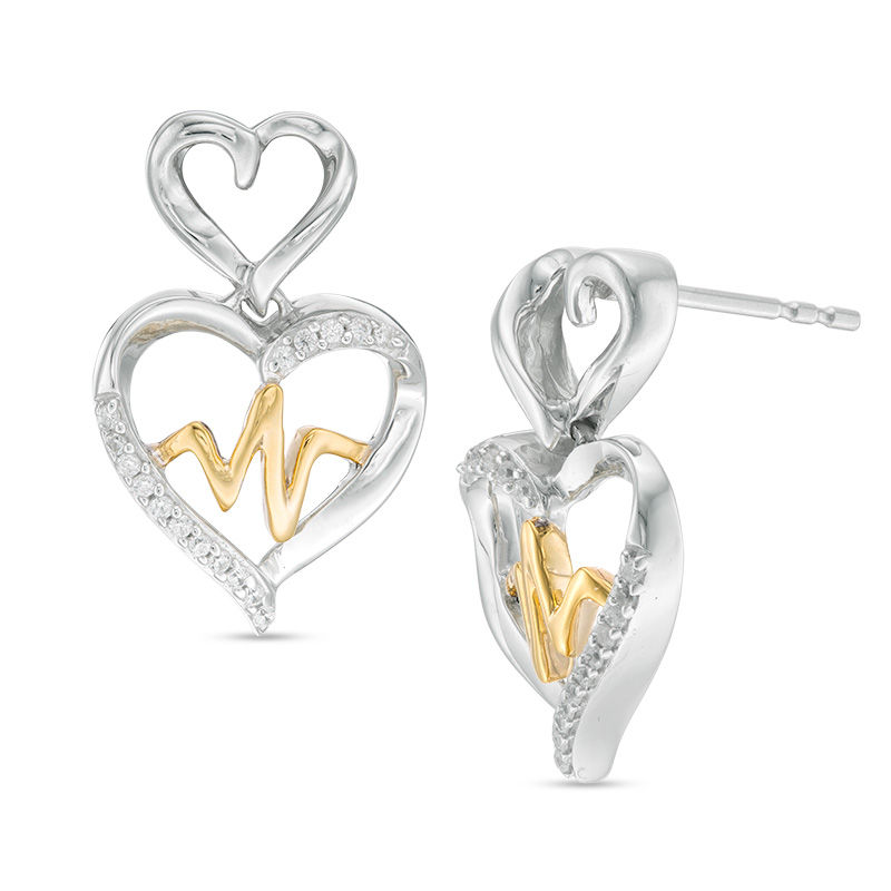 0.086 CT. T.W. Diamond Heartbeat in Double Heart Drop Earrings in Sterling Silver with 14K Gold Plate|Peoples Jewellers