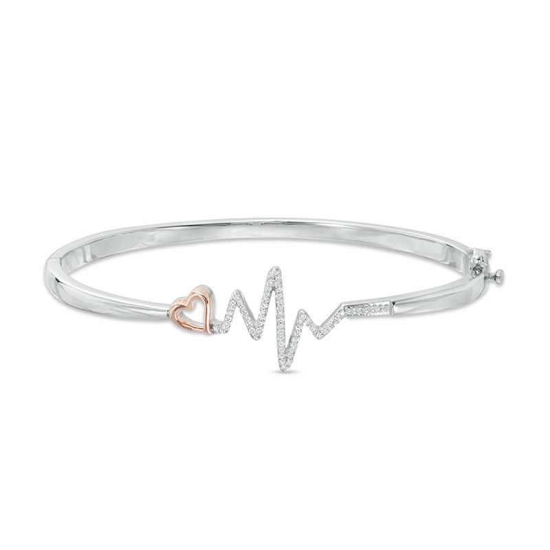 0.18 CT. T.W. Diamond Heartbeat and Heart Bangle in Sterling Silver and 10K Rose Gold