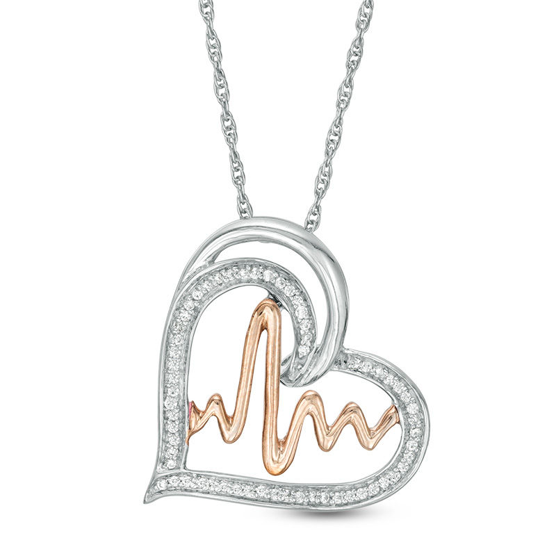 0.115 CT. T.W. Diamond Heartbeat in Tilted Heart Pendant in Sterling Silver with 14K Rose Gold Plate