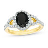 Thumbnail Image 1 of Oval Lab-Created Black and White Sapphire Frame Open Leaf Ring in 10K Gold