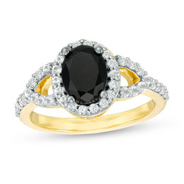 Oval Lab-Created Black and White Sapphire Frame Open Leaf Ring in 10K Gold