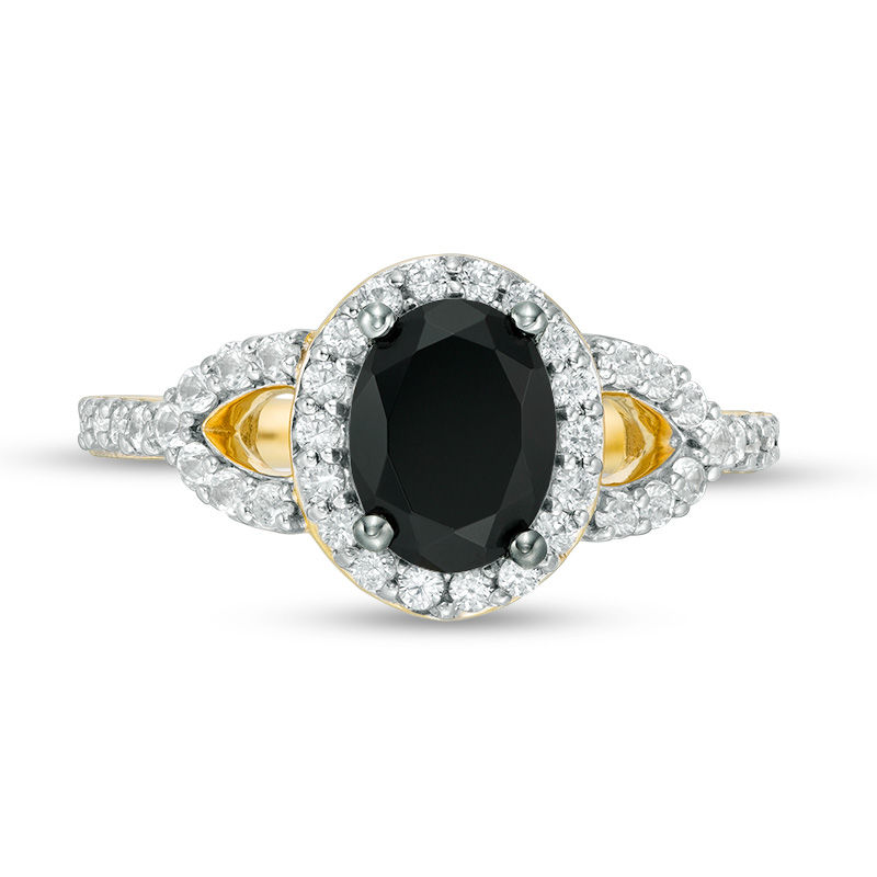 Oval Lab-Created Black and White Sapphire Frame Open Leaf Ring in 10K Gold