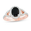 Thumbnail Image 0 of Oval Lab-Created Black and White Sapphire Frame Open Leaf Ring in 10K Rose Gold