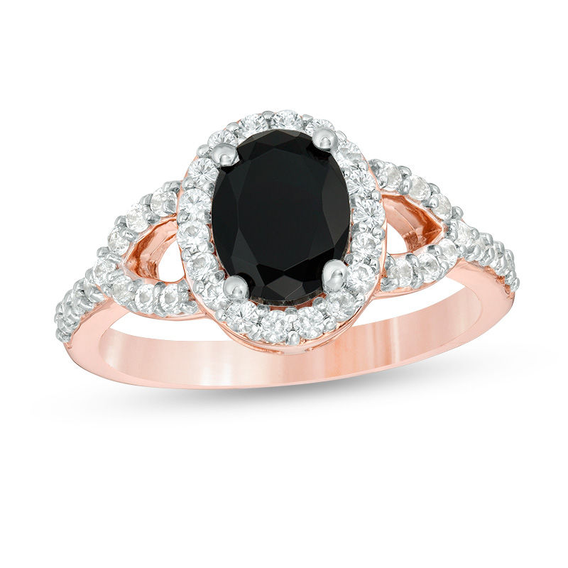 Oval Lab-Created Black and White Sapphire Frame Open Leaf Ring in 10K Rose Gold