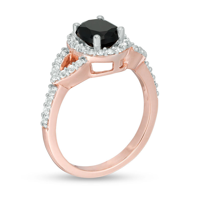 Oval Lab-Created Black and White Sapphire Frame Open Leaf Ring in 10K Rose Gold