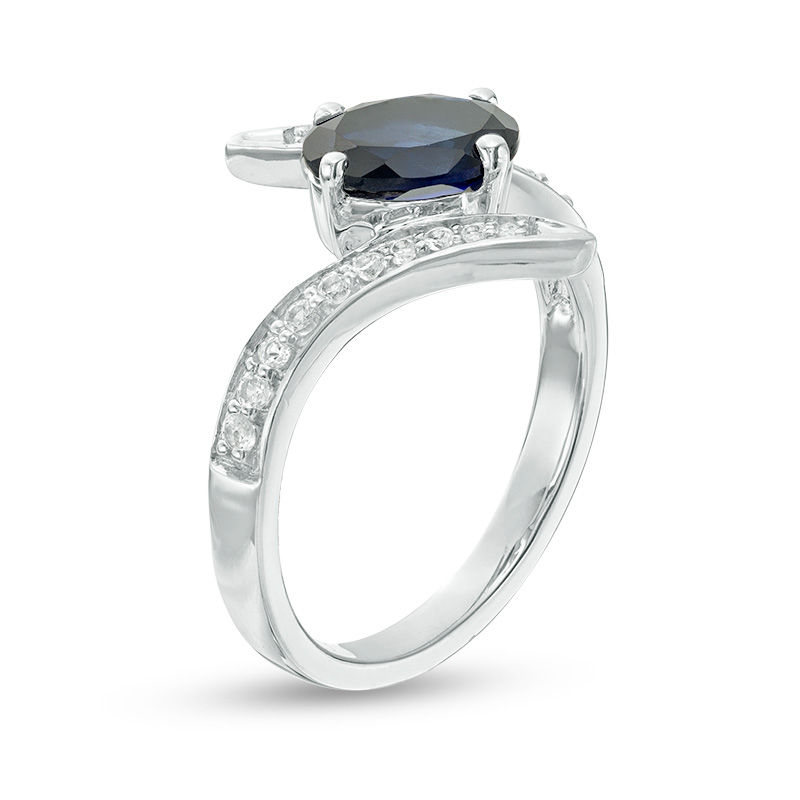 Main Image 2 of Oval Lab-Created Blue and White Sapphire Bypass Ring in Sterling Silver