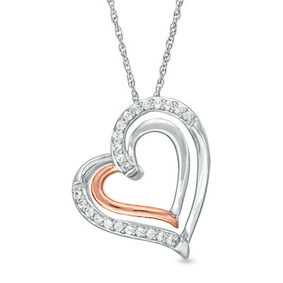 Lab-Created White Sapphire Tilted Double Heart Pendant in Sterling Silver and 10K Rose Gold