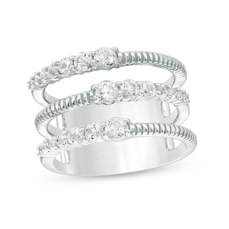 Lab-Created White Sapphire and Textured Triple Row Open Shank Ring in Sterling Silver
