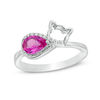 Thumbnail Image 0 of Pear-Shaped Lab-Created Pink and White Sapphire Sleeping Cat Ring in Sterling Silver