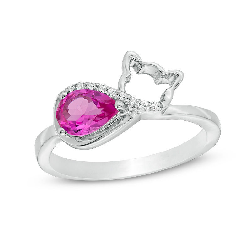 Pear-Shaped Lab-Created Pink and White Sapphire Sleeping Cat Ring in Sterling Silver